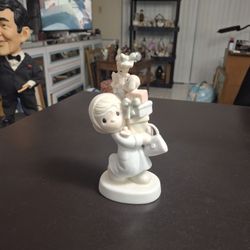 Precious Moments " Bundles Of Joy " Woman Carrying A Stack Of Holiday Gifts Vintage 1982 6.5"H