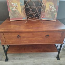 Wood TV stand, wine rack and 2 paintings