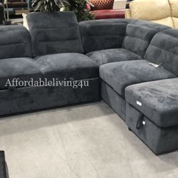 Dark Grey Pullout Sectional W/ Storage Ottoman Brand New In Box 