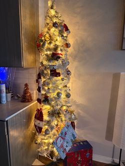 7’ White Flocked Slim Artificial Christmas Tree with Built In Lights