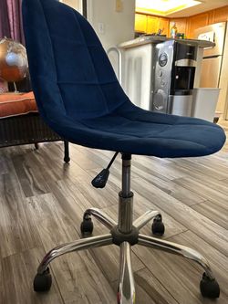 Blue velvet and chrome swivel rolling adjustable desk chair