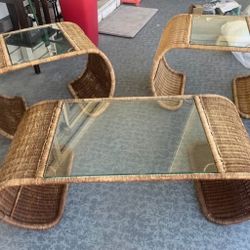 Beautiful Vintage Wicker Scroll Ming Tables With Glass Top