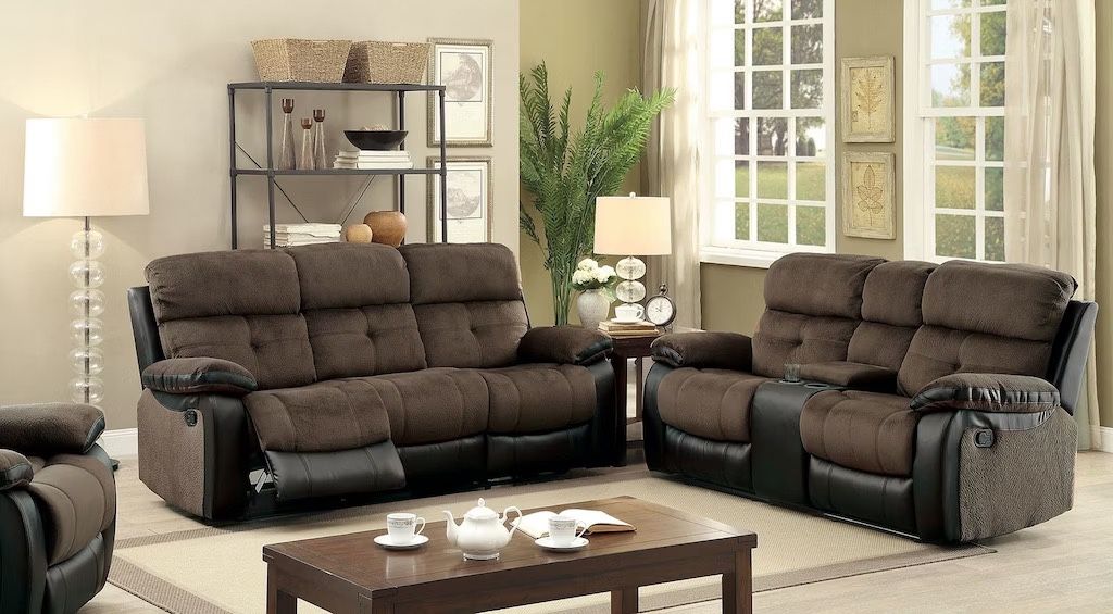 COUCH SOFA RECLINERS CHAMPION FABRIC BROWN ESPRESSO 2 PIECE LIVING ROOM SET SOFA LOVESEAT RECLINERS - SILLONES RECLINABLES