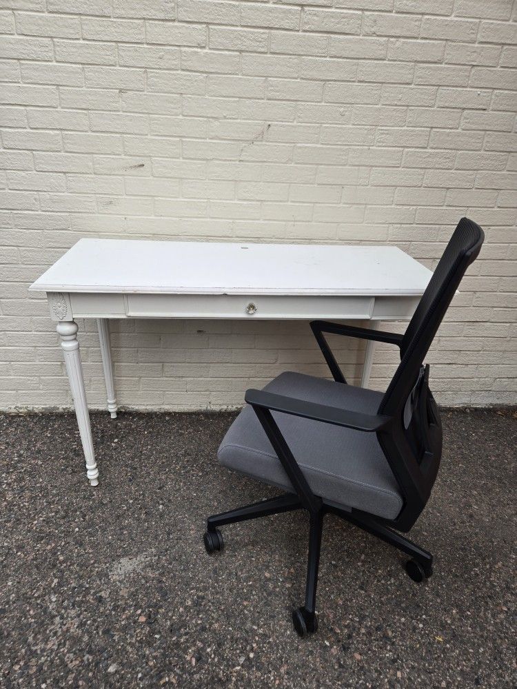White Desk with Adjustable Height Office Chair Setup