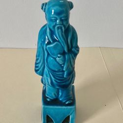 Pre-1950s Turquoise Glazed Chinese Figurine 5.75” Blue Scholar / Wiseman Signed 
