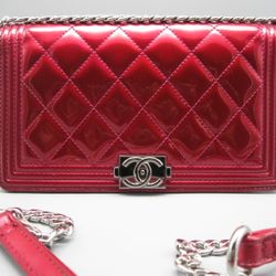 Authentic Chanel Magenta Patent Leather CC Long Boy Bag Wallet