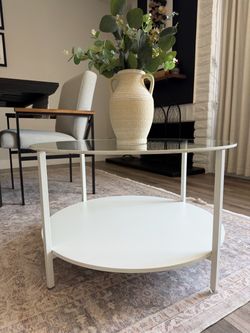 Round White Metal Coffee Table with Glass Top