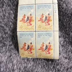 This is a block of four 4-cent U.S. postage stamps issued in 1961 to commemorate the 100th anniversary of the birth of Frederic Remington. 