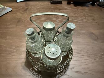 Vintage Glass Condiment Caddy Salt Pepper Vinegar & Oil with Lids, Silver Plate