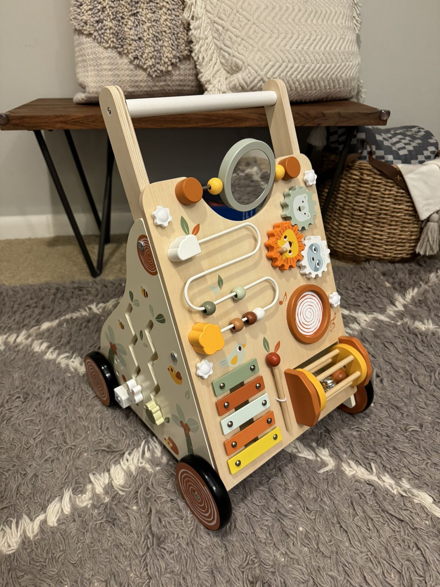 Pithfor Wooden Baby Walker, Baby Push Walker With Activity Center, Push Walker Toys For Babies Learning To Walk