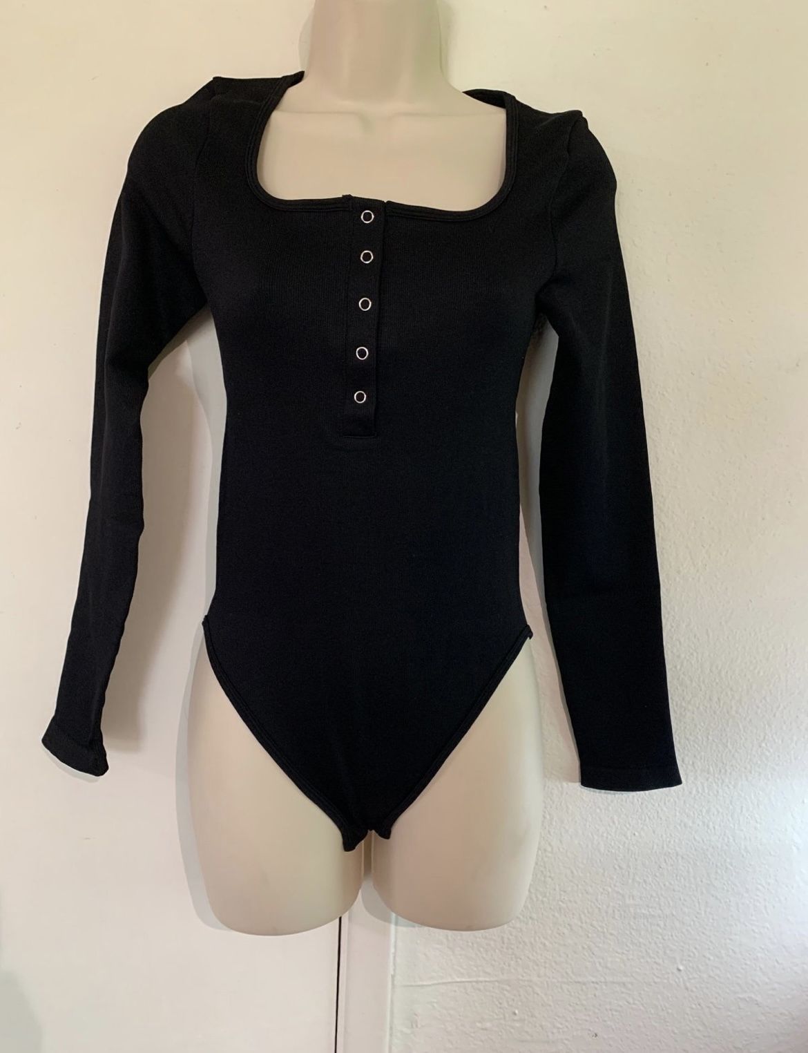 Black Scoop Neck Bodysuit Shirt for Women Button Down.  (H)