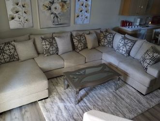 Large Beige Fabric Sectional Sofa with Chaise