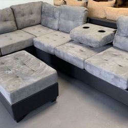 Heights Gray/Black Reversible Sectional with Storage Ottoman