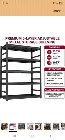 Heavy Duty Garage Shelving 5 Tier Adjustable Metal Storage Rack
3000 LBS steel storage rack with adjustable shelves for garage, warehouse and basement