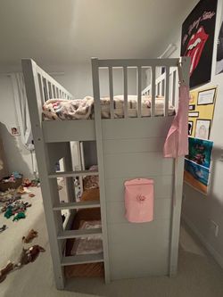 Gray Wood Kids Loft Bunk Bed with Ladder