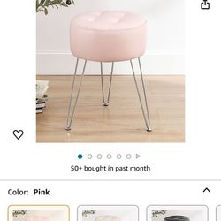 LUE BONA Faux Leather Vanity Stool Chair for Makeup Room, Pink Small Stool for Vanity, 19" Height, Tufted Vanity Chair Stool with Metal Legs, Modern F