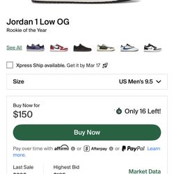 DS Jordan 1 Rookie Of The Year Lows Size 9.5