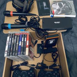 PS3 bundle lot games, microphones, headsets pamphlets, controllers, all original fully functioning. Please check out photos and read description.