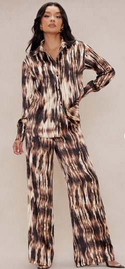 Satin Pant Set In Brown/combo, Size XL, Tall-Friendly