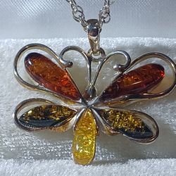 New Sterling Silver Baltic Amber Butterfly Necklace 