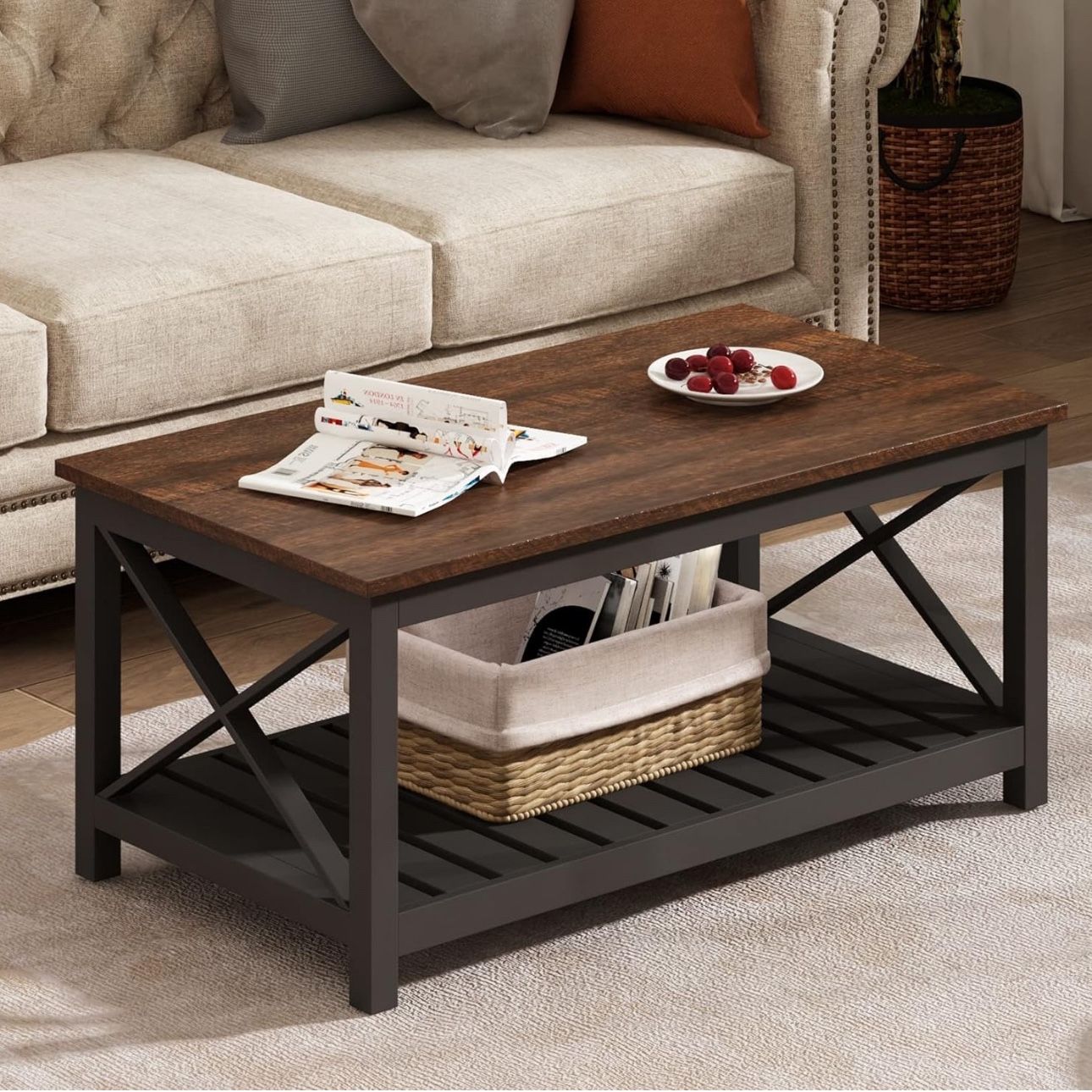 Coffee Table, Rustic Vintage Farmhouse Living Room Table with Shelf. 