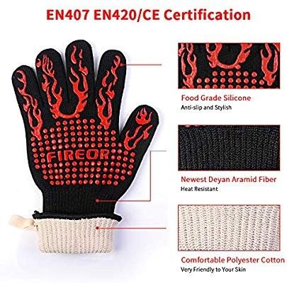 FIREOR BBQ Grill Gloves, 1472°F Extreme Heat Resistant Grilling Gloves Non-Slip Oven Mitts Potholder, Perfect for Barbecue, Cooking, Baking, Fireplace