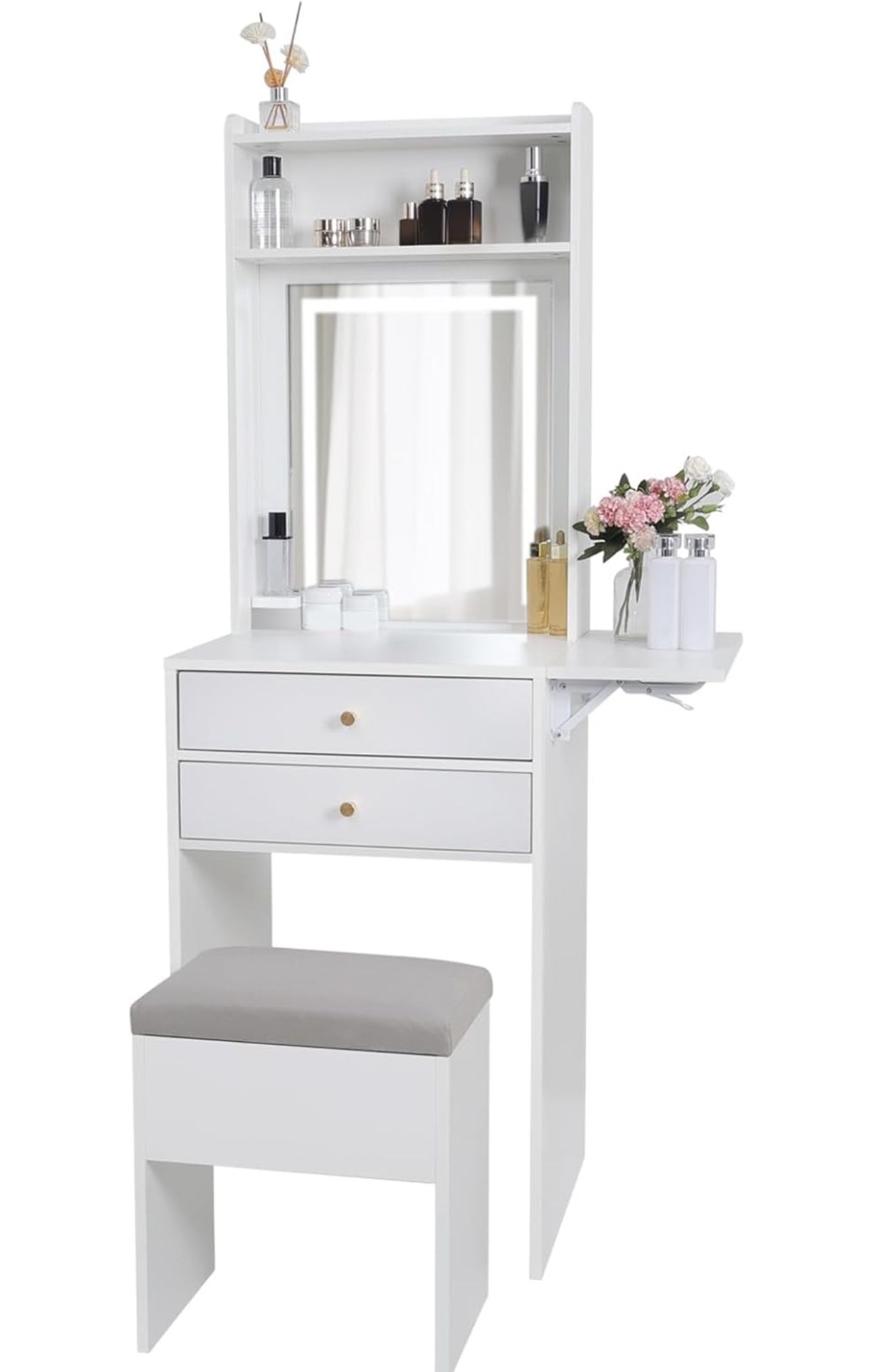 ARTETHYS Small Vanity Desk Set with 3 Adjustable Lighted Mirror and Storage Chair Mini Makeup Vanities Set for Compact Space White Dressing Table