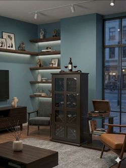Tall Dark Brown Wine Cabinet glass stemware storage and interior racks. Glass panel double doors 48in tall