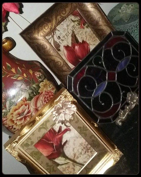 X4 VINTAGE FLORAL MANDALA STAINED GLASS TABLE DISPLAY FRAME PICTURE ART PLAQUE DECOR ORNATE BURGUNDY RED FLOWER ROSE URN VASE