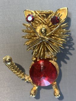 Golden Cat Decked Out in Rubies Brooch