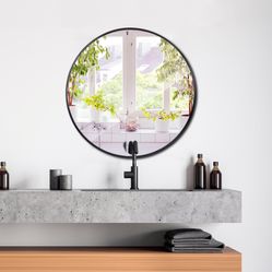 New  24 inch Round Wall Mirror Modern Black Frame Bathroom Circle Mirror