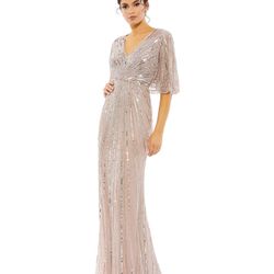 Mac Duggal Sequined V Neck Cape Sleeve Column Gown With Custom Detachable Skirt