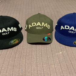 3 Adam’s Golf Flexfit Hats Blue, Gray, And Black New With Tags And Liners