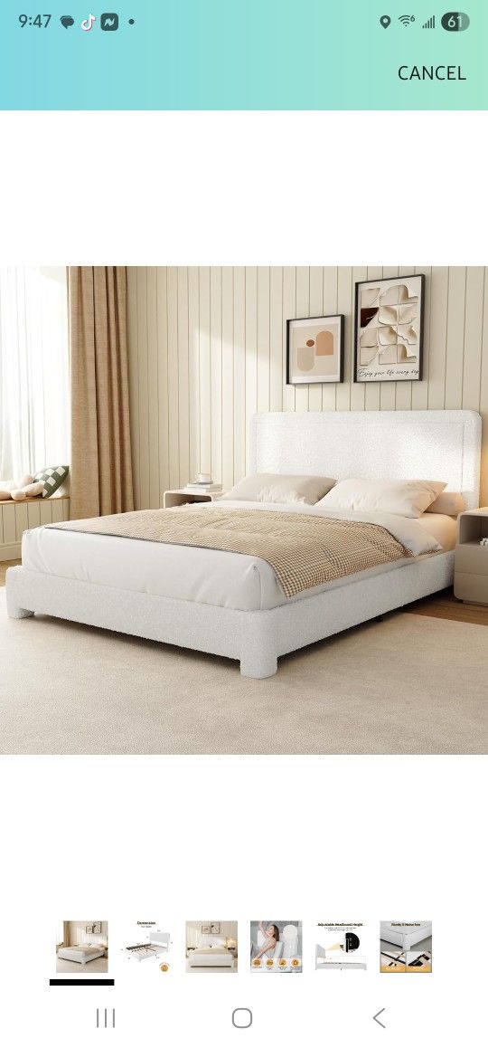 WEUP Queen Size Boucle Bed Frame with Headboard, Soft Rounded Corners, No Box Spring Required, Adjustable Headboard, Easy Assembly