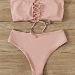 SMALL new SHEIN pink Back bandeau lace-up tie bikini swimsuit top High Waist bottom set 