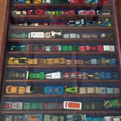Selling A Collection Of 60 Plus  Hot Wheel Cars & Wood & Glass Display Box 