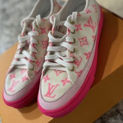 Louis Vuitton Pink and White Sneakers with Bold Monogram 