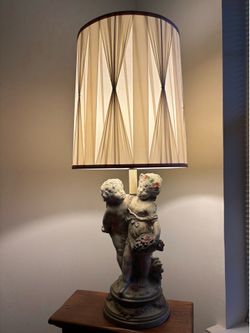 Vintage Large Ornate Table Lamp, figural angelic children putti cherubs, sculpted chalkware Renaissance style, with pleated fabric shade, 24” high bas