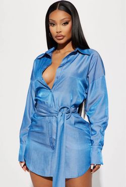 Blue Satin Belted Shirt Dress