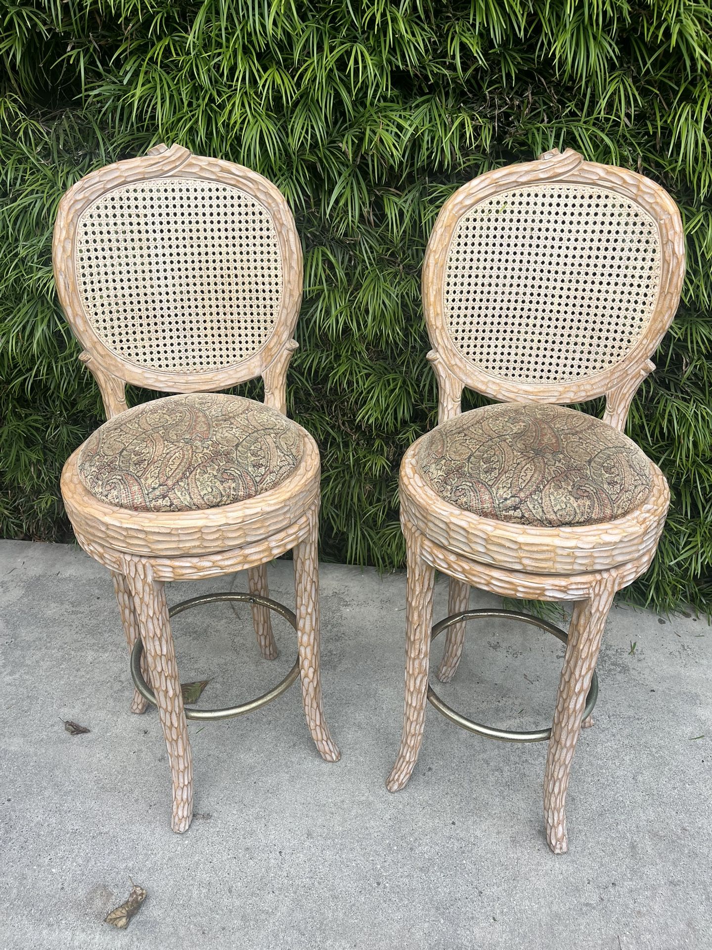 pair of beatiful carved sculpted wood cane backrest cushioned seat swivel counter height stools chairs vintage regency