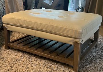 Tufted Ottoman with Wood Shelf Base