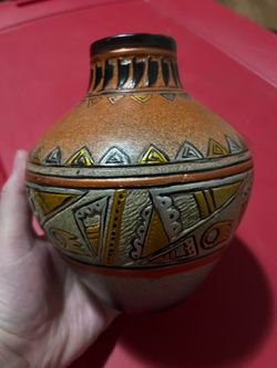 Southwestern Style Handcrafted Clay Vase With Geometric Patterns