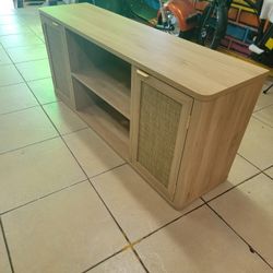 LEYAOYAO Rattan TV Stands for Living Room, Boho TV Cabinet with Storage and Open Shelf, Rustic Wood Entertainment Center, Media Console for 50-65 Inch