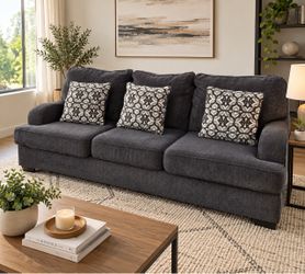 Dark Gray Fabric 3-Seat Sofa with Accent Pillows