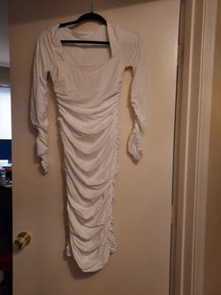 White Dress Bodycon Ruched Long Sleeve