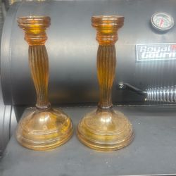  2 Vintage Amber Candle Stick Holders