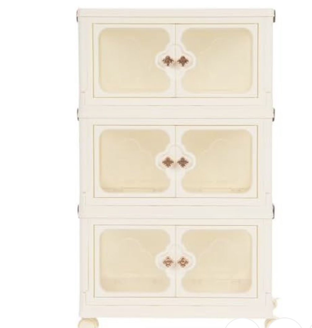 KEPSLERYZ 4-Tier Clear & Beige Storage Cabinet with Wheels - Foldable Plastic Organizer with Magnetic Doors, 11lbs per Shelf Capacity, Rolling Utility