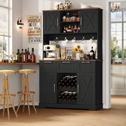71'' Tall Wine Bar Cabinet with Storage Hutch & 3 Drawers, Farmhouse Coffee Bar Cabinet Wine Rack with Adjustable Shelves for Kitchen Dining Room, Bla
