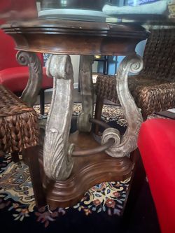 Ornate Round End Table with Glass Top