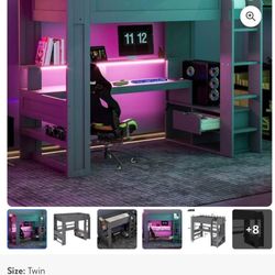 Twin Size Gaming Loft Bed with Desk & Light, Wood Loft Bed with Storage Drawer, Shelves and Charging
